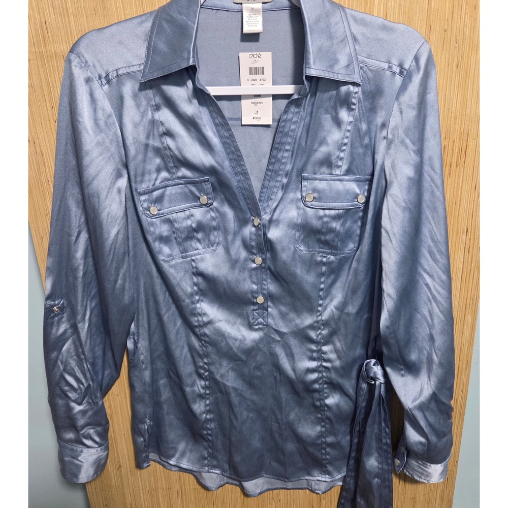 Cache Silk Blend Satin Utility Blouse Blue Roll Tab Belted Top NWT Size M